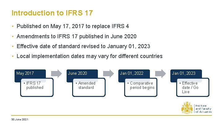 Introduction to IFRS 17 • Published on May 17, 2017 to replace IFRS 4 Introduction to IFRS 17 • Published on May 17, 2017 to replace IFRS 4