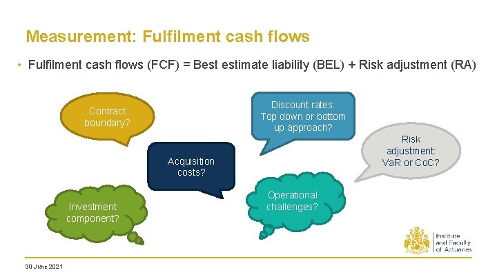 Measurement: Fulfilment cash flows • Fulfilment cash flows (FCF) = Best estimate liability (BEL) Measurement: Fulfilment cash flows • Fulfilment cash flows (FCF) = Best estimate liability (BEL)