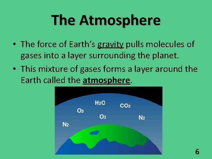 The Atmosphere • The force of Earth’s gravity pulls molecules of gases into a The Atmosphere • The force of Earth’s gravity pulls molecules of gases into a
