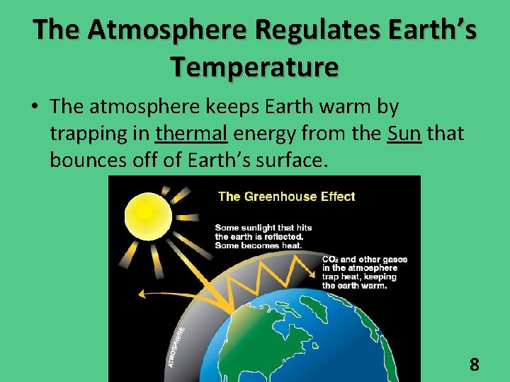 The Atmosphere Regulates Earth’s Temperature • The atmosphere keeps Earth warm by trapping in The Atmosphere Regulates Earth’s Temperature • The atmosphere keeps Earth warm by trapping in