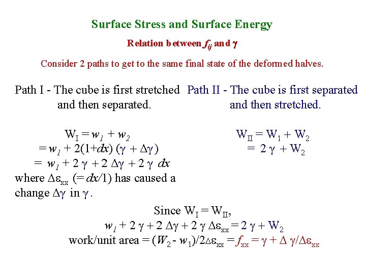 Surface Stress and Surface Energy Relation between fij and g Consider 2 paths to