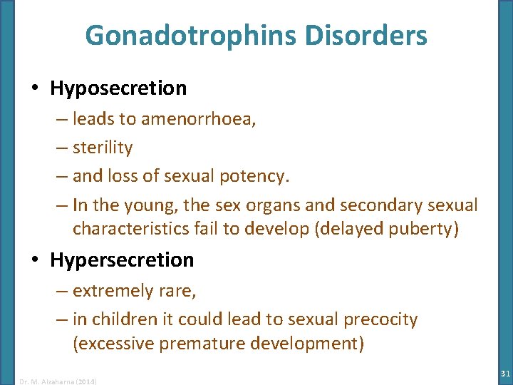 Gonadotrophins Disorders • Hyposecretion – leads to amenorrhoea, – sterility – and loss of