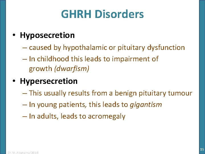 GHRH Disorders • Hyposecretion – caused by hypothalamic or pituitary dysfunction – In childhood