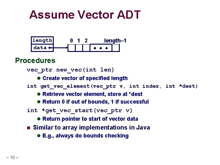 Assume Vector ADT length data 0 1 2 length– 1 Procedures vec_ptr new_vec(int len)