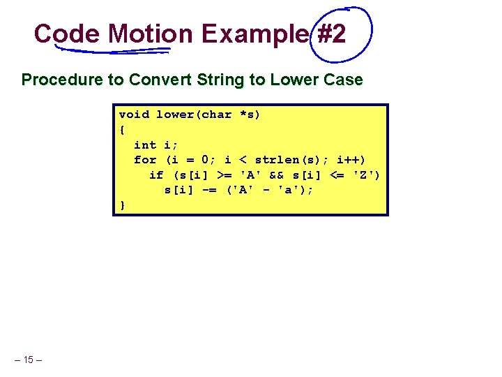 Code Motion Example #2 Procedure to Convert String to Lower Case void lower(char *s)