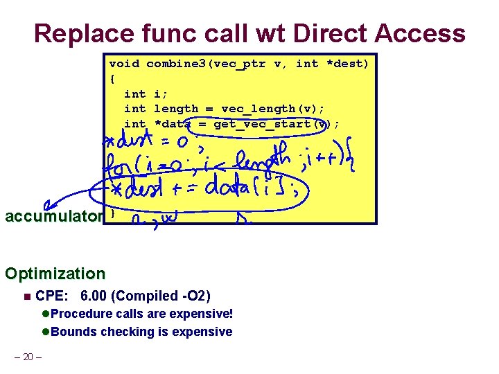 Replace func call wt Direct Access void combine 3(vec_ptr v, int *dest) { int