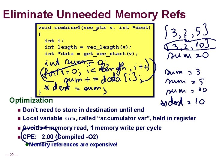 Eliminate Unneeded Memory Refs void combine 4(vec_ptr v, int *dest) { int i; int
