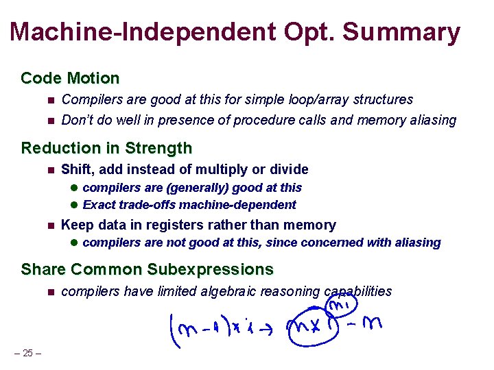 Machine-Independent Opt. Summary Code Motion n Compilers are good at this for simple loop/array