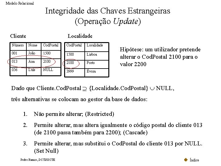 Modelo Relacional Integridade das Chaves Estrangeiras (Operação Update) Cliente Localidade Número Nome Cod. Postal Modelo Relacional Integridade das Chaves Estrangeiras (Operação Update) Cliente Localidade Número Nome Cod. Postal