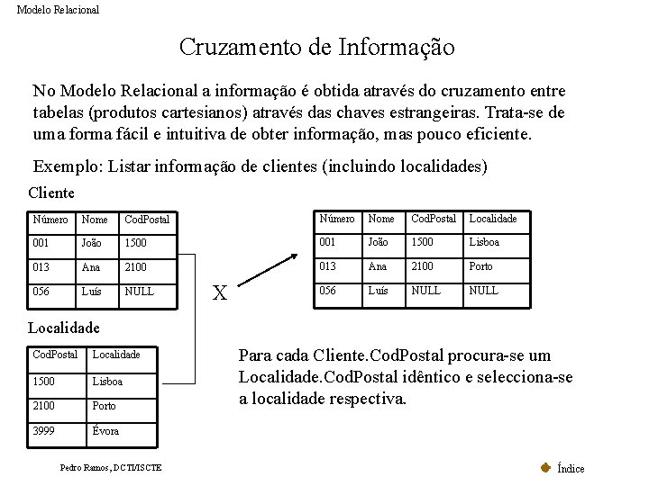 Modelo Relacional Cruzamento de Informação No Modelo Relacional a informação é obtida através do Modelo Relacional Cruzamento de Informação No Modelo Relacional a informação é obtida através do