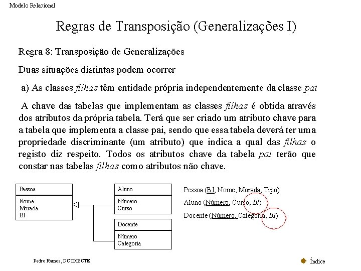 Modelo Relacional Regras de Transposição (Generalizações I) Regra 8: Transposição de Generalizações Duas situações Modelo Relacional Regras de Transposição (Generalizações I) Regra 8: Transposição de Generalizações Duas situações