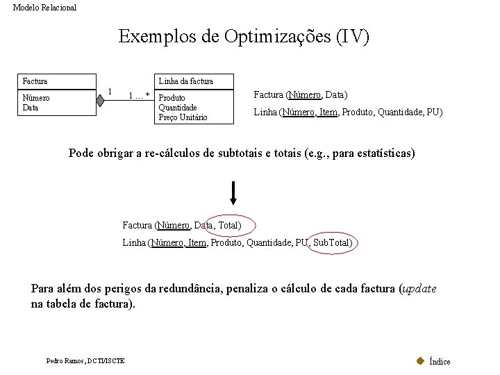 Modelo Relacional Exemplos de Optimizações (IV) Factura Número Data Linha da factura 1 1…* Modelo Relacional Exemplos de Optimizações (IV) Factura Número Data Linha da factura 1 1…*