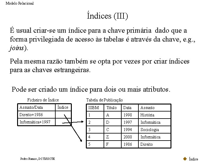 Modelo Relacional Índices (III) É usual criar-se um índice para a chave primária dado Modelo Relacional Índices (III) É usual criar-se um índice para a chave primária dado