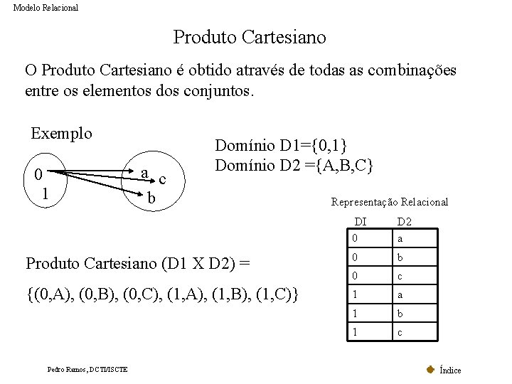 Modelo Relacional Produto Cartesiano O Produto Cartesiano é obtido através de todas as combinações Modelo Relacional Produto Cartesiano O Produto Cartesiano é obtido através de todas as combinações