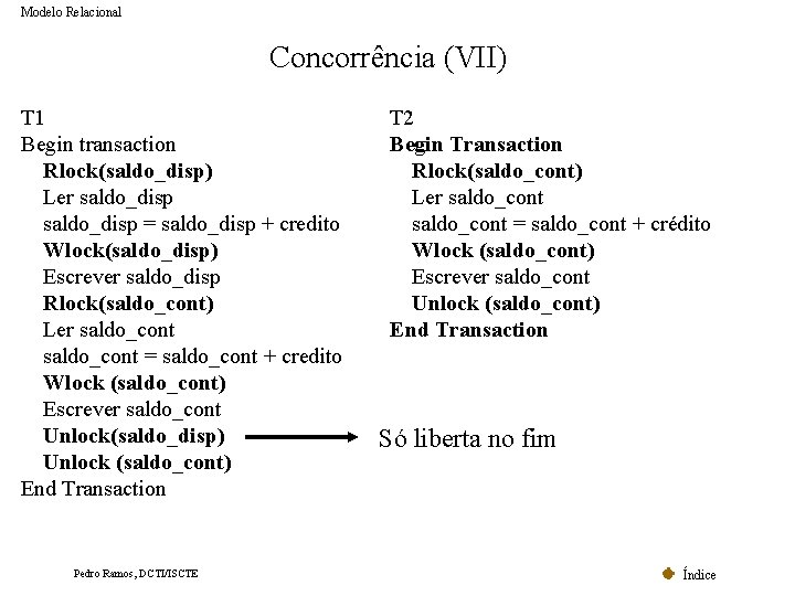 Modelo Relacional Concorrência (VII) T 1 Begin transaction Rlock(saldo_disp) Ler saldo_disp = saldo_disp + Modelo Relacional Concorrência (VII) T 1 Begin transaction Rlock(saldo_disp) Ler saldo_disp = saldo_disp +