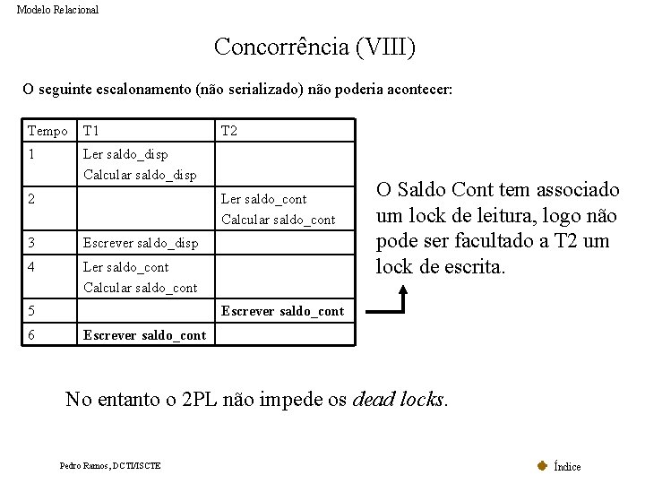 Modelo Relacional Concorrência (VIII) O seguinte escalonamento (não serializado) não poderia acontecer: Tempo T Modelo Relacional Concorrência (VIII) O seguinte escalonamento (não serializado) não poderia acontecer: Tempo T