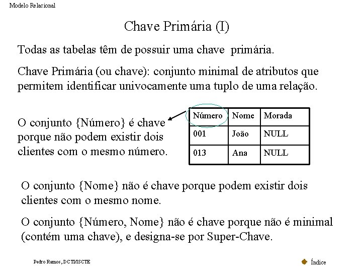 Modelo Relacional Chave Primária (I) Todas as tabelas têm de possuir uma chave primária. Modelo Relacional Chave Primária (I) Todas as tabelas têm de possuir uma chave primária.