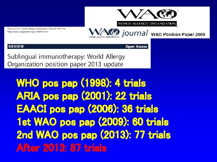 WHO pos pap (1998): 4 trials ARIA pos pap (2001): 22 trials EAACI pos