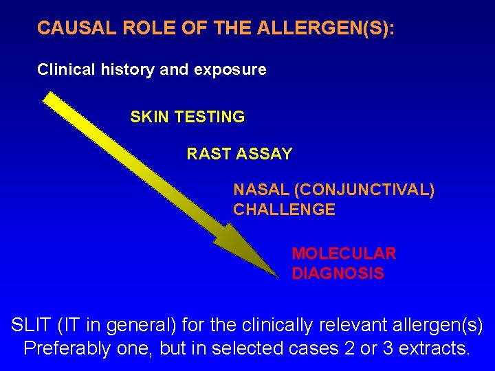 CAUSAL ROLE OF THE ALLERGEN(S): Clinical history and exposure SKIN TESTING RAST ASSAY NASAL