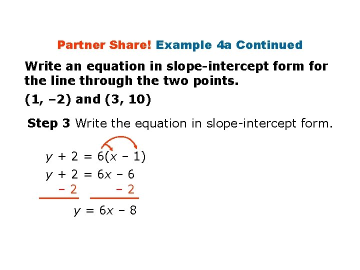 Partner Share! Example 4 a Continued Write an equation in slope-intercept form for the