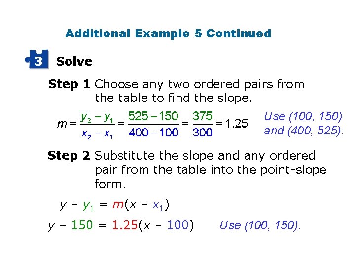 Additional Example 5 Continued 3 Solve Step 1 Choose any two ordered pairs from