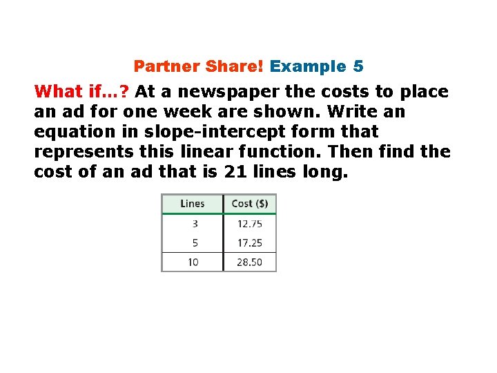 Partner Share! Example 5 What if…? At a newspaper the costs to place an