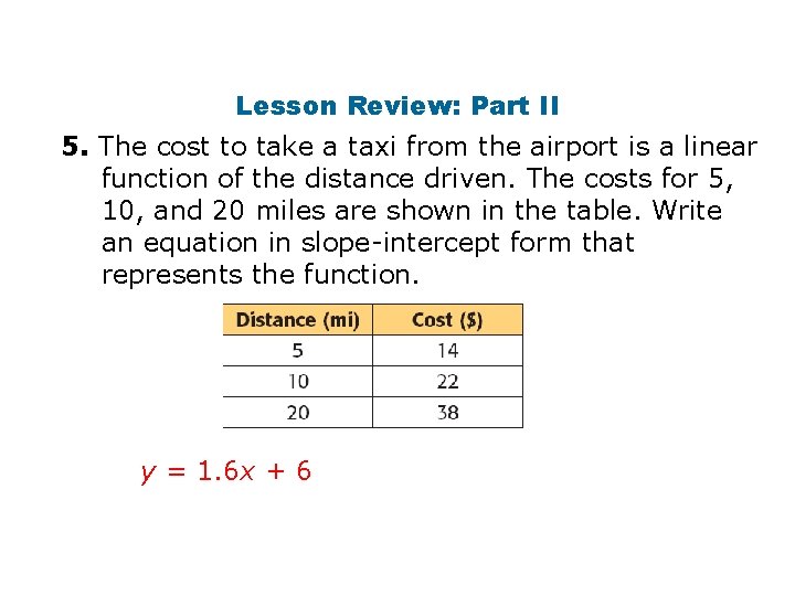 Lesson Review: Part II 5. The cost to take a taxi from the airport