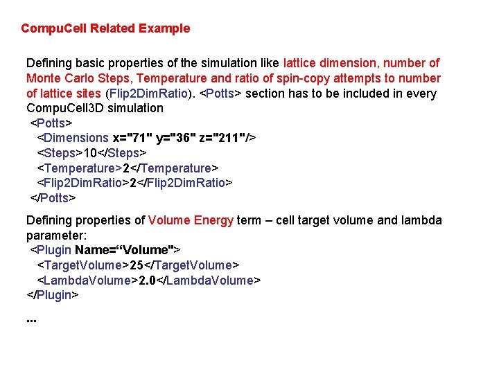 Compu. Cell Related Example Defining basic properties of the simulation like lattice dimension, number