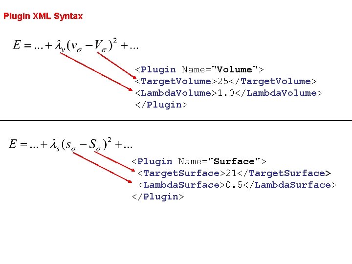 Plugin XML Syntax <Plugin Name="Volume"> <Target. Volume>25</Target. Volume> <Lambda. Volume>1. 0</Lambda. Volume> </Plugin> <Plugin