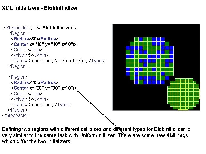 XML initializers - Blob. Initializer <Steppable Type="Blob. Initializer"> <Region> <Radius>30</Radius> <Center x="40" y="40" z="0"/>
