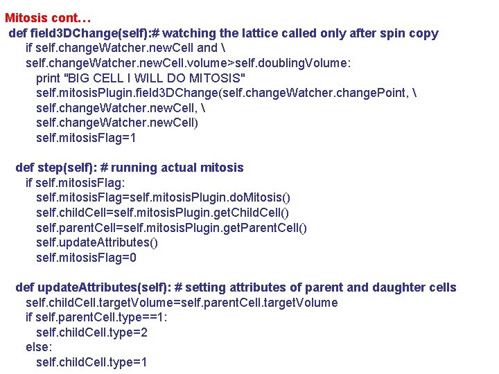 Mitosis cont… def field 3 DChange(self): # watching the lattice called only after spin