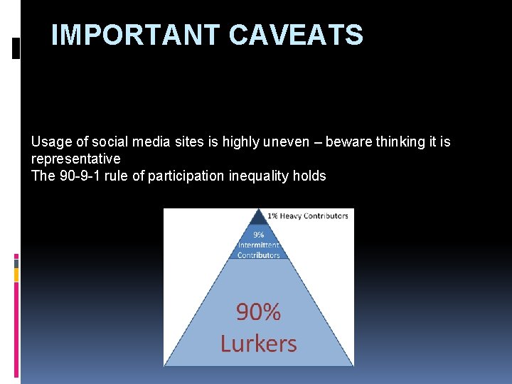 IMPORTANT CAVEATS Usage of social media sites is highly uneven – beware thinking it