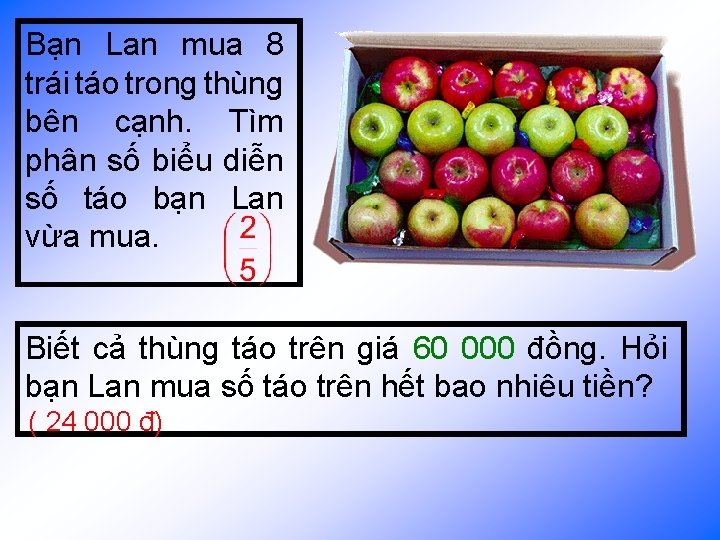 Bạn Lan mua 8 trái táo trong thùng bên cạnh. Tìm phân số biểu