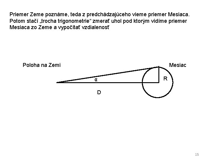 Priemer Zeme poznáme, teda z predchádzajúceho vieme priemer Mesiaca. Potom stačí „trocha trigonometrie“ zmerať