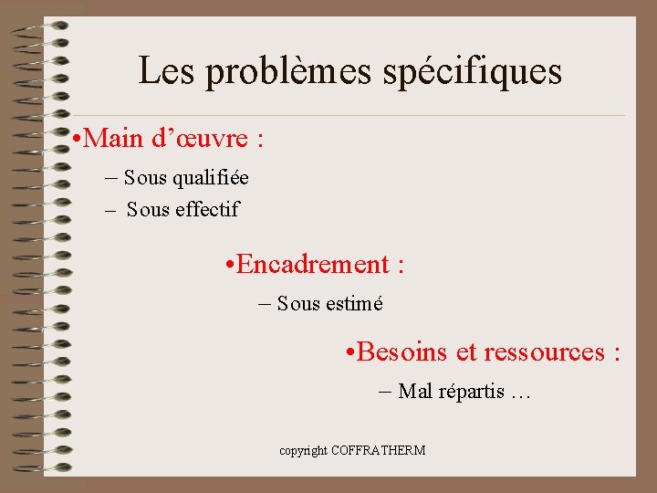 Les problèmes spécifiques • Main d’œuvre : – Sous qualifiée – Sous effectif •