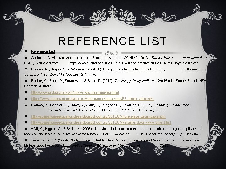 REFERENCE LIST v Reference List v Australian Curriculum, Assessment and Reporting Authority (ACARA). (2013). REFERENCE LIST v Reference List v Australian Curriculum, Assessment and Reporting Authority (ACARA). (2013).