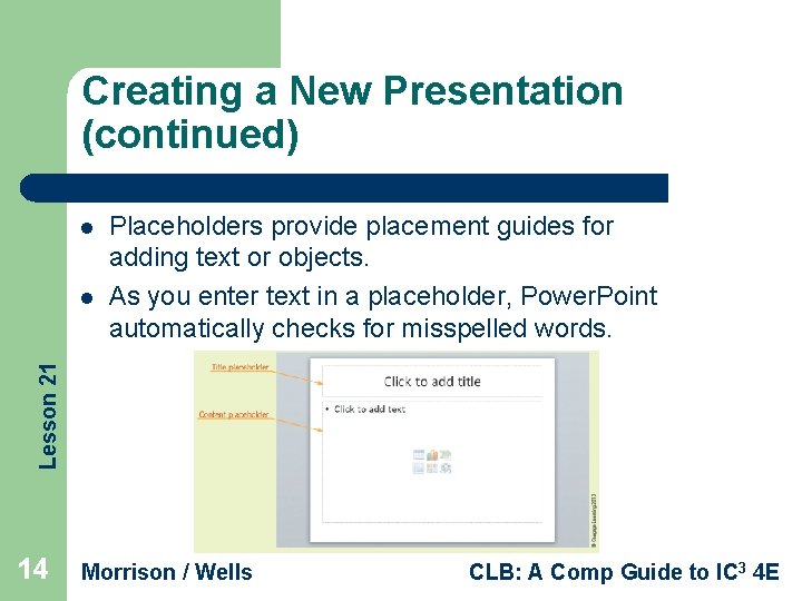 Creating a New Presentation (continued) l Lesson 21 l Placeholders provide placement guides for