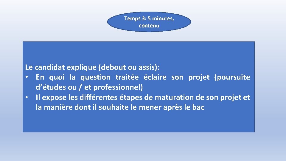 Temps 3: 5 minutes, contenu Le candidat explique (debout ou assis): • En quoi