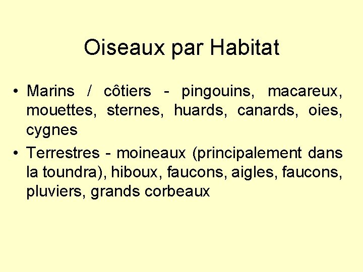 Oiseaux par Habitat • Marins / côtiers - pingouins, macareux, mouettes, sternes, huards, canards,