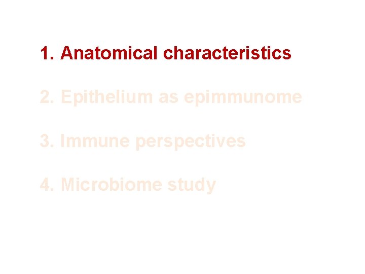 1. Anatomical characteristics 2. Epithelium as epimmunome 3. Immune perspectives 4. Microbiome study 