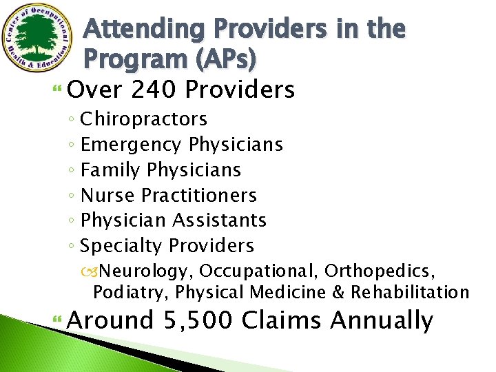 Attending Providers in the Program (APs) Over 240 Providers ◦ Chiropractors ◦ Emergency Physicians