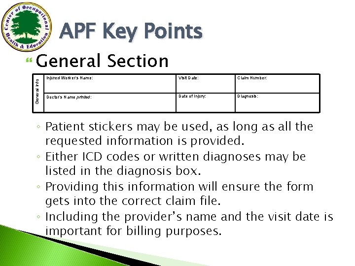 APF Key Points General Info General Section Injured Worker’s Name: Visit Date: Claim Number: