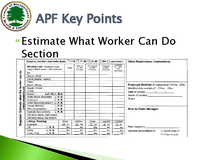 APF Key Points Estimate Section What Worker Can Do 