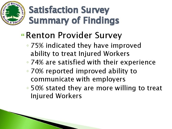 Satisfaction Survey Summary of Findings Renton Provider Survey ◦ 75% indicated they have improved
