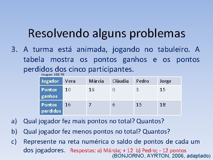 Resolvendo alguns problemas 3. A turma está animada, jogando no tabuleiro. A tabela mostra Resolvendo alguns problemas 3. A turma está animada, jogando no tabuleiro. A tabela mostra