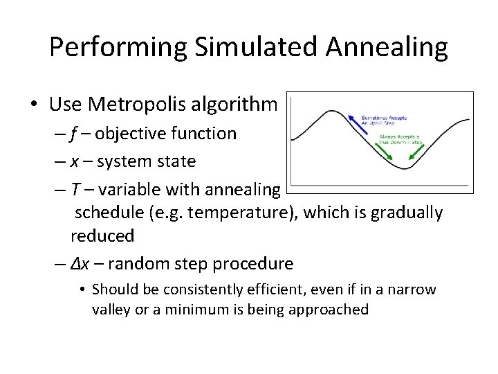 Performing Simulated Annealing • Use Metropolis algorithm – f – objective function – x