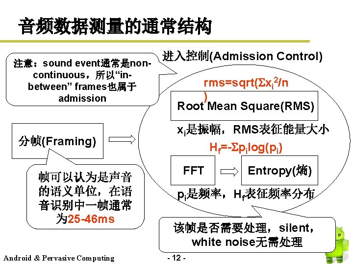 音频数据测量的通常结构 注意：sound event通常是noncontinuous，所以“inbetween” frames也属于 admission 分帧(Framing) 帧可以认为是声音 的语义单位，在语 音识别中一帧通常 为 25 -46 ms Android