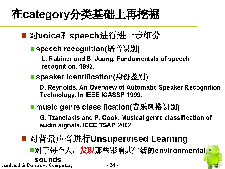 在category分类基础上再挖掘 n 对voice和speech进行进一步细分 speech recognition(语音识别) L. Rabiner and B. Juang. Fundamentals of speech recognition.