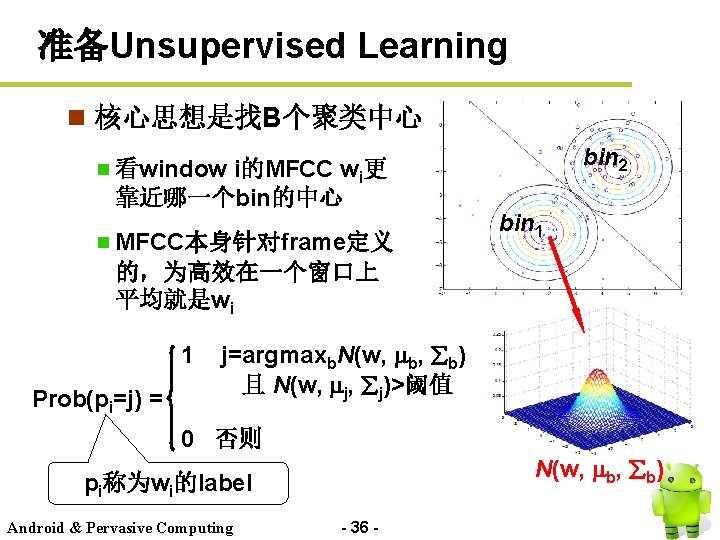 准备Unsupervised Learning n 核心思想是找B个聚类中心 bin 2 看window i的MFCC wi更 靠近哪一个bin的中心 MFCC本身针对frame定义 的，为高效在一个窗口上 平均就是wi 1