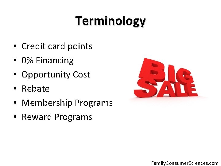 Terminology • • • Credit card points 0% Financing Opportunity Cost Rebate Membership Programs